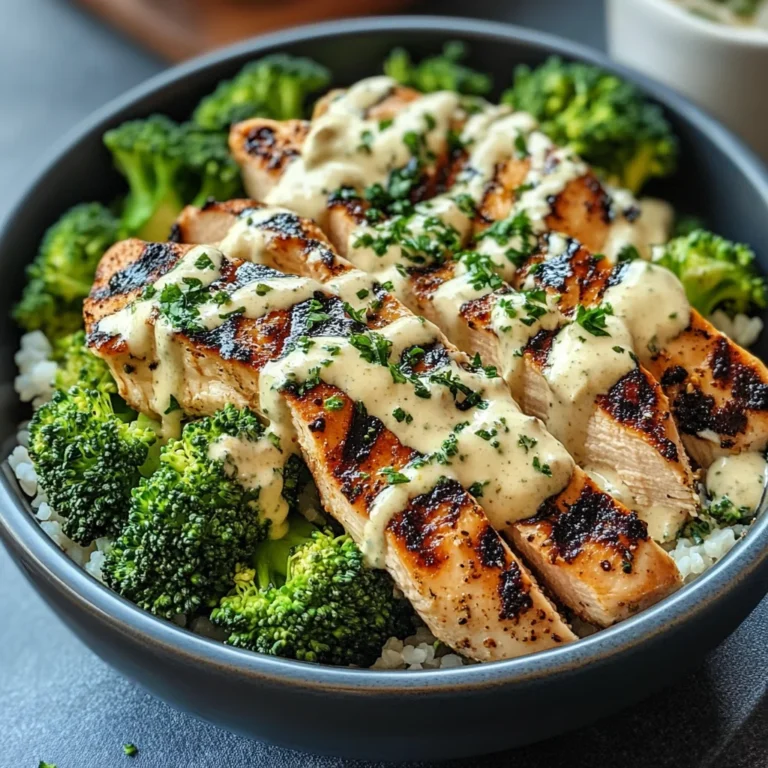 Grilled Chicken & Broccoli Bowls with Creamy Garlic Sauce